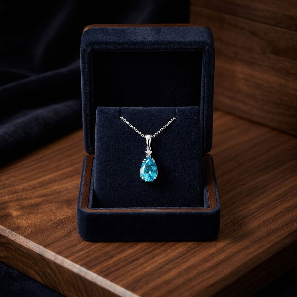Blue Topaz And Diamond Pendant In 14k White Gold — gift presentation