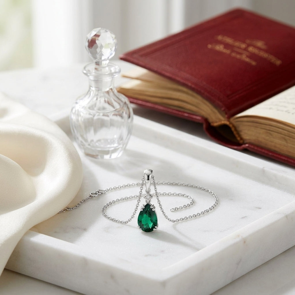 Created Emerald And Diamond Teardrop Pendant In 14k White Gold (18-in Curb Chain) — atelier still life
