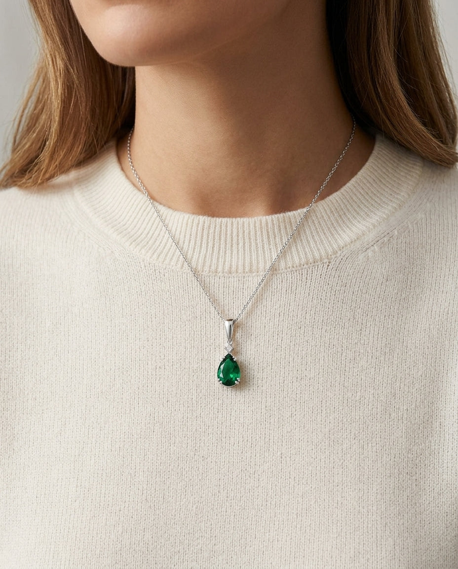 Created Emerald And Diamond Teardrop Pendant In 14k White Gold (18-in Curb Chain) — editorial close-up