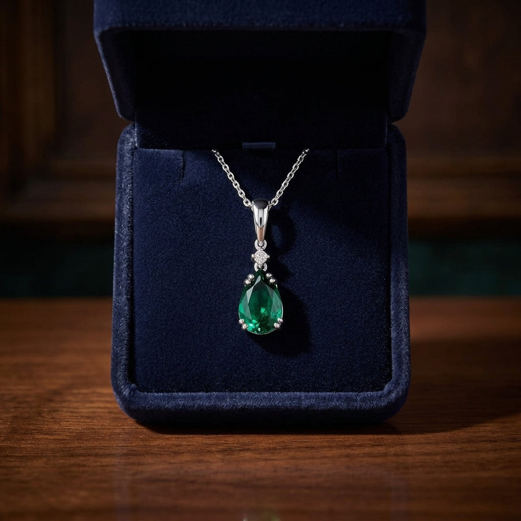 Created Emerald And Diamond Teardrop Pendant In 14k White Gold (18-in Curb Chain) — gift presentation