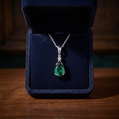 Created Emerald And Diamond Teardrop Pendant In 14k White Gold (18-in Curb Chain) — gift presentation