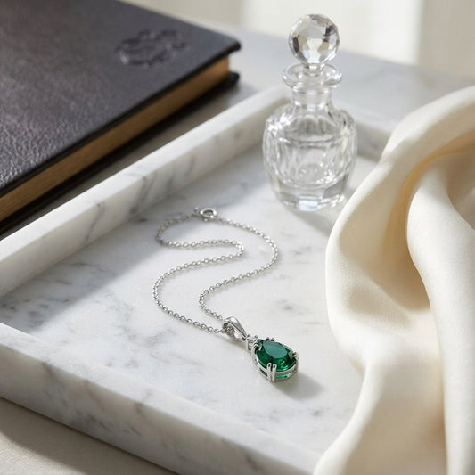 Created Emerald And Diamond Teardrop Pendant In 14k White Gold (17-in Curb Chain) — atelier still life