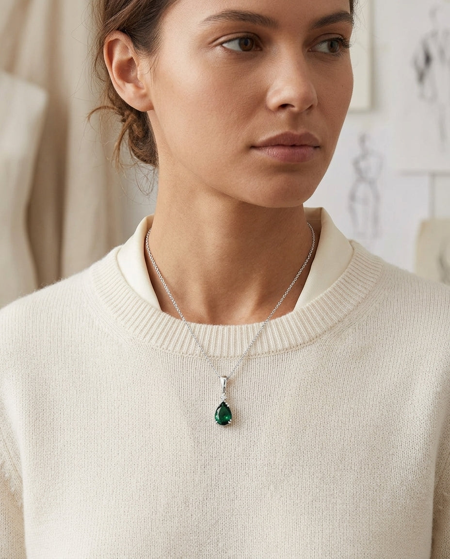 Created Emerald And Diamond Teardrop Pendant In 14k White Gold (17-in Curb Chain) — editorial close-up