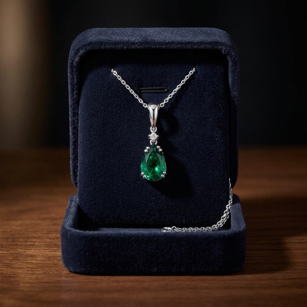 Created Emerald And Diamond Teardrop Pendant In 14k White Gold (17-in Curb Chain) — gift presentation