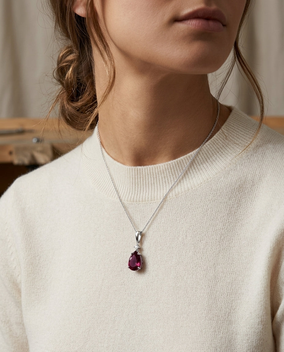 Rhodolite Garnet & Diamond Pendant In 14k White Gold — editorial close-up