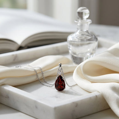 Garnet And Diamond Pendant In 14k White Gold On 18" Baby Curb Chain — atelier still life