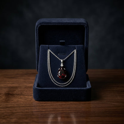 Garnet And Diamond Pendant In 14k White Gold On 18" Baby Curb Chain — gift presentation