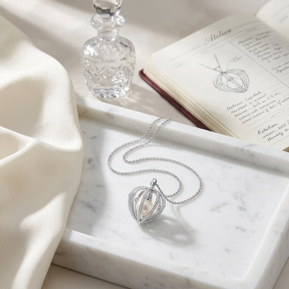 Pearl And Diamond Heart Cage Dangle Pendant In 14k White Gold (17-in Curb Chain) — atelier still life