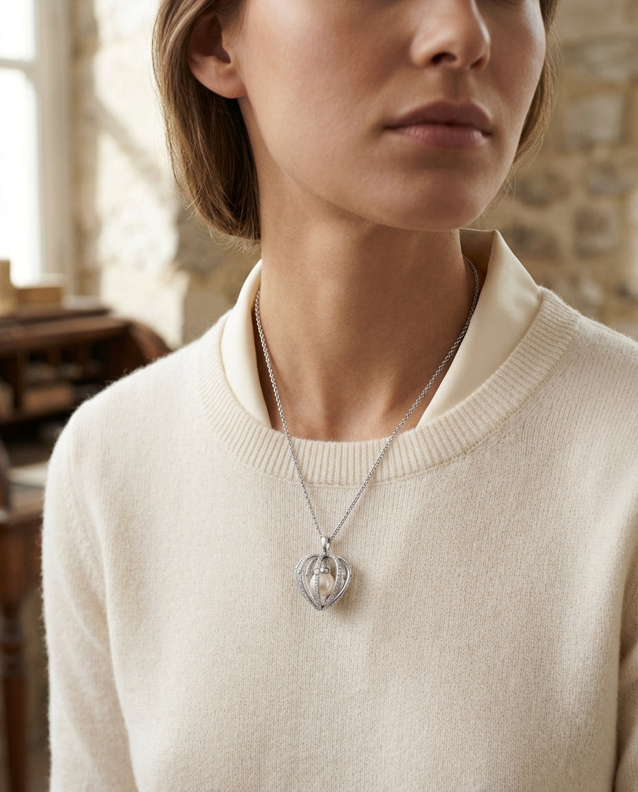 Pearl And Diamond Heart Cage Dangle Pendant In 14k White Gold (17-in Curb Chain) — editorial close-up