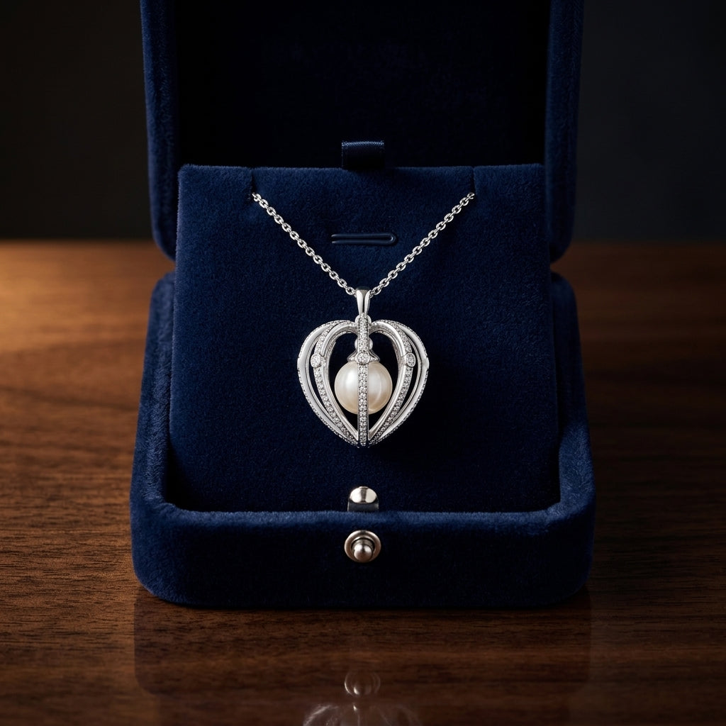 Pearl And Diamond Heart Cage Dangle Pendant In 14k White Gold (17-in Curb Chain) — gift presentation