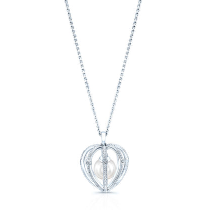 Pearl And Diamond Heart Cage Dangle Pendant In 14k White Gold (17-in Curb Chain)