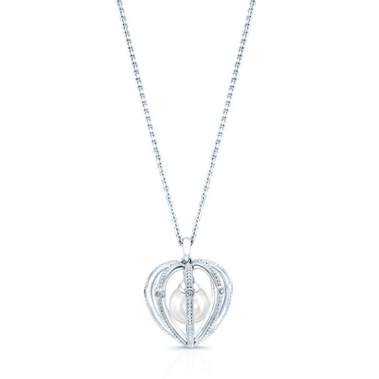 Pearl And Diamond Heart Cage Dangle Pendant In 14k White Gold (17-in Curb Chain)