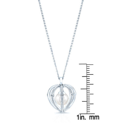 Pearl And Diamond Heart Cage Dangle Pendant In 14k White Gold (17-in Curb Chain)