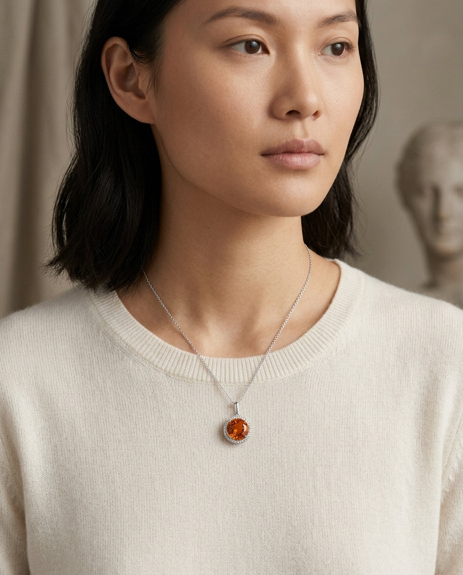 Round Checkerboard Cut Citrine And Diamond Pendant In 14k White Gold — editorial close-up