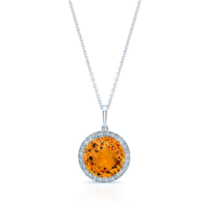 Round Checkerboard Cut Citrine And Diamond Pendant In 14k White Gold