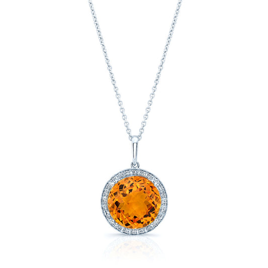 Round Checkerboard Cut Citrine And Diamond Pendant In 14k White Gold