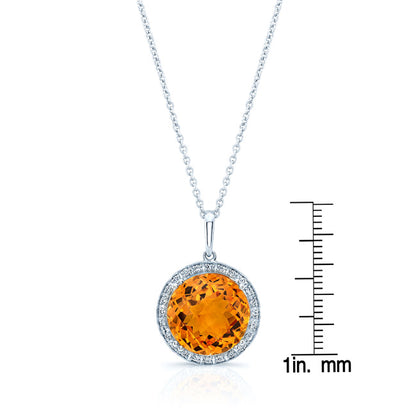 Round Checkerboard Cut Citrine And Diamond Pendant In 14k White Gold