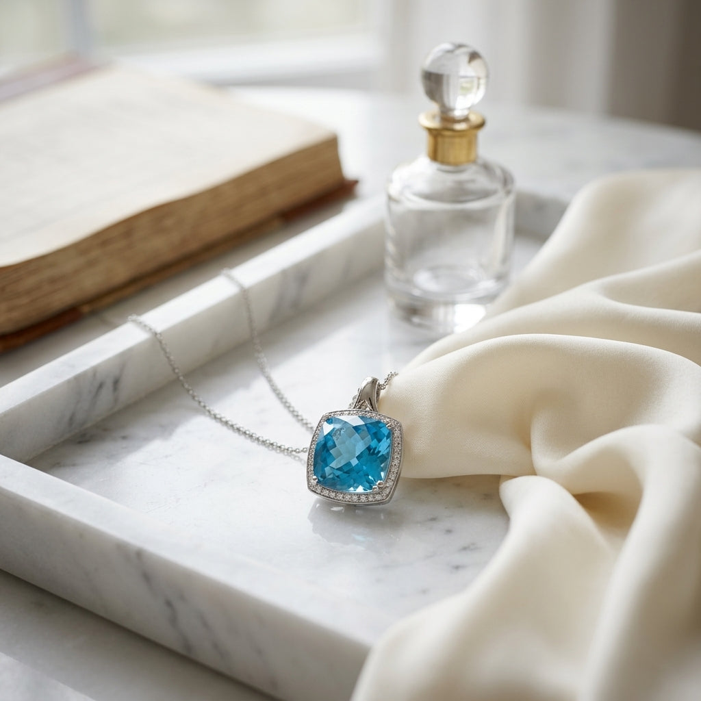 Blue Topaz And Diamond Checkerboard Cushion Halo Pendant In 14k White Gold (12mm Center) — atelier still life
