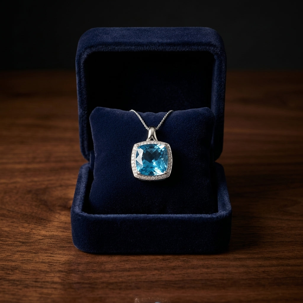 Blue Topaz And Diamond Checkerboard Cushion Halo Pendant In 14k White Gold (12mm Center) — gift presentation