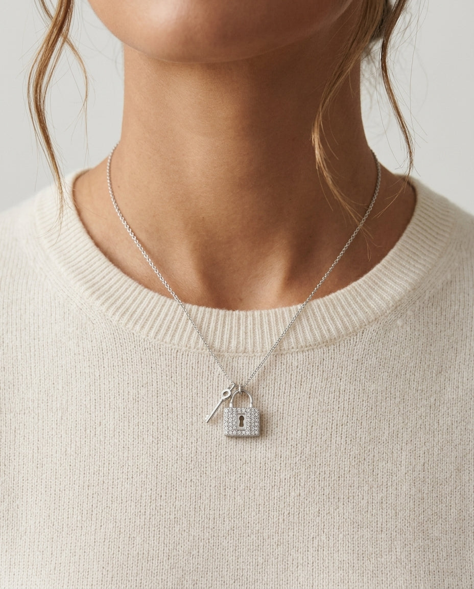 Diamond Lock And Key Pendant In 14k White Gold (18-in Curb Chain) — editorial close-up