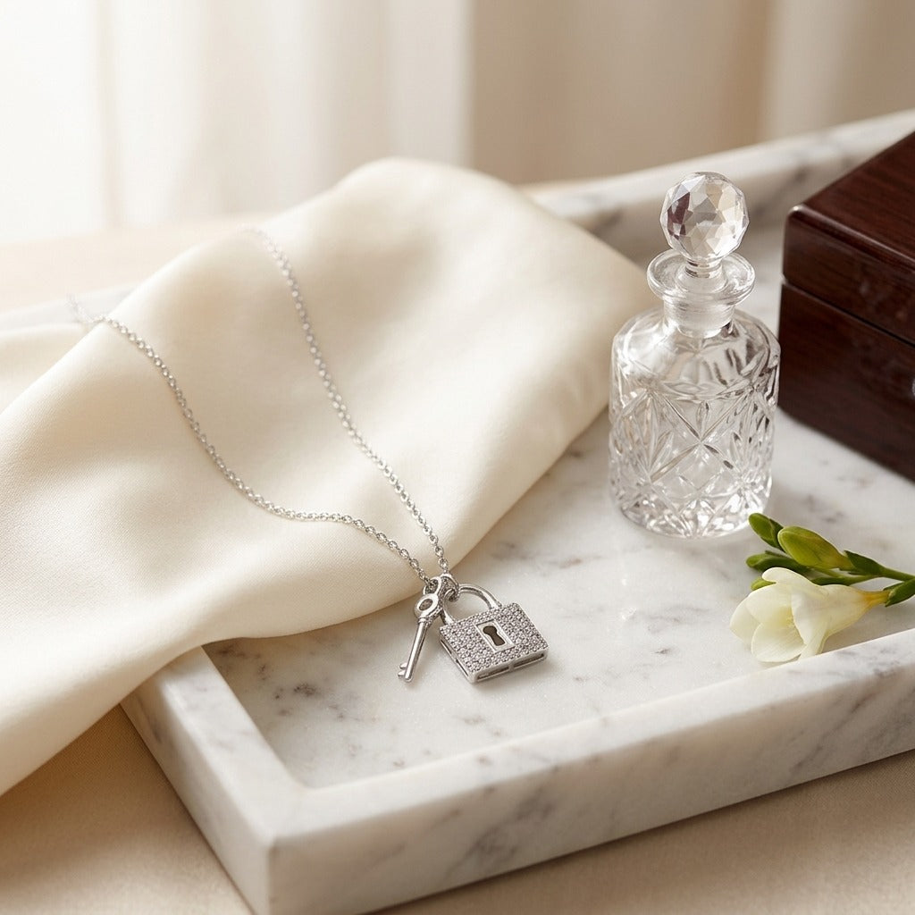 Diamond Lock and Key Pendant in 14k White Gold (17-in Baby Curb Chain) — marble silk