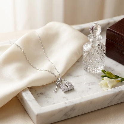 Diamond Lock and Key Pendant in 14k White Gold (17-in Baby Curb Chain) — marble silk