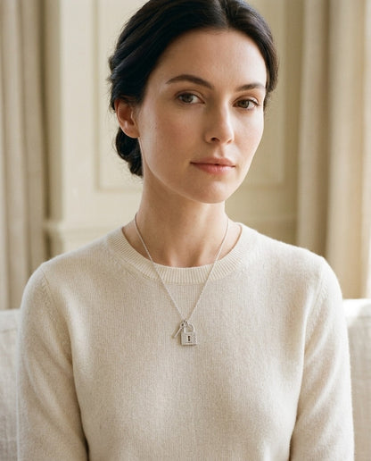 Diamond Lock and Key Pendant in 14k White Gold (17-in Baby Curb Chain) — portrait close