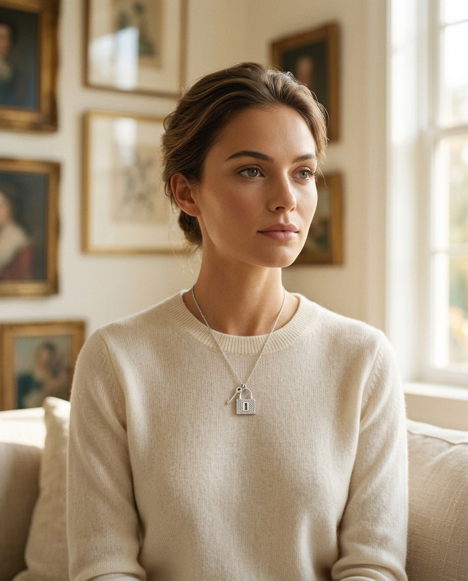 Diamond Lock and Key Pendant in 14k White Gold (17-in Baby Curb Chain) — portrait full