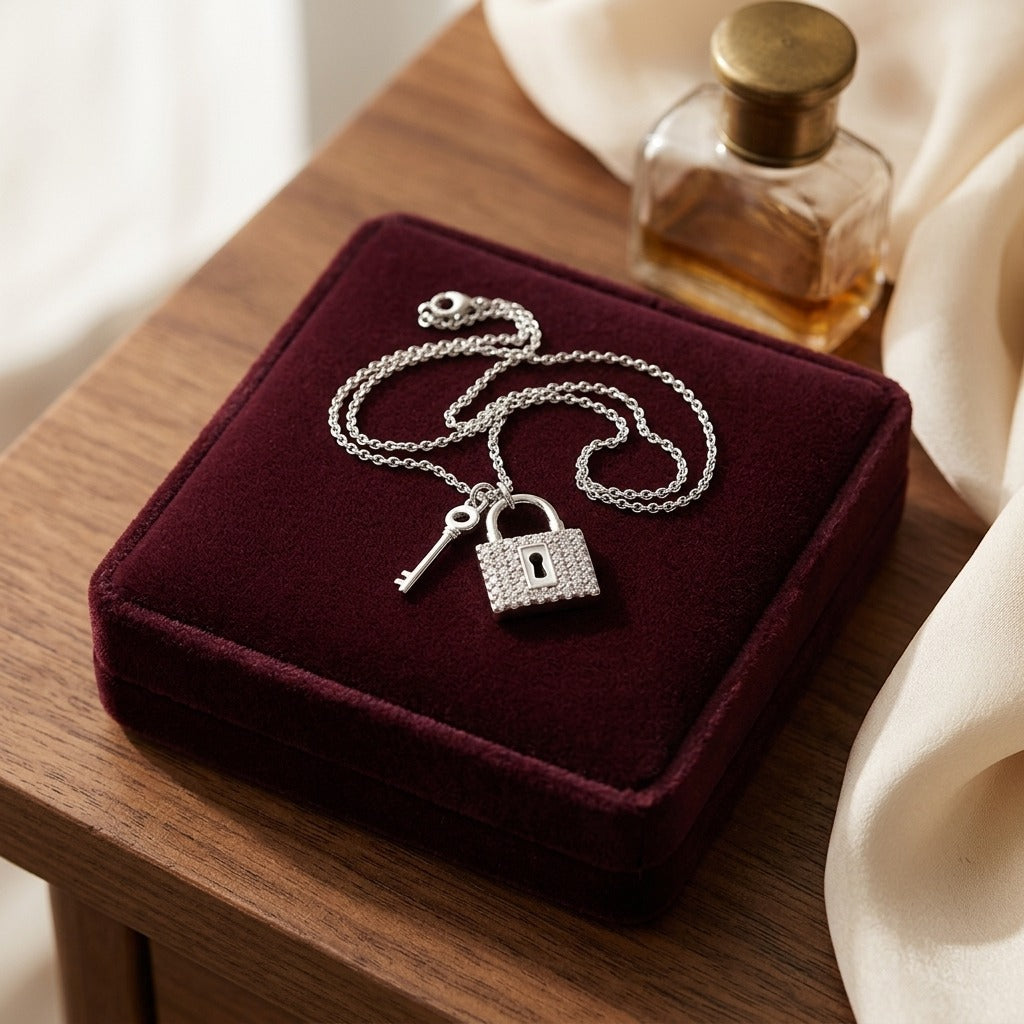 Diamond Lock and Key Pendant in 14k White Gold (17-in Baby Curb Chain) — velvet box