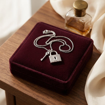 Diamond Lock and Key Pendant in 14k White Gold (17-in Baby Curb Chain) — velvet box