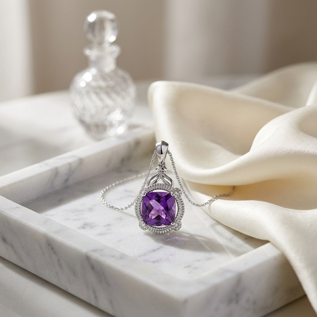 Amethyst And Diamond Cushion Leaf Pendant In 14k White Gold (18-in Curb Chain) — atelier still life