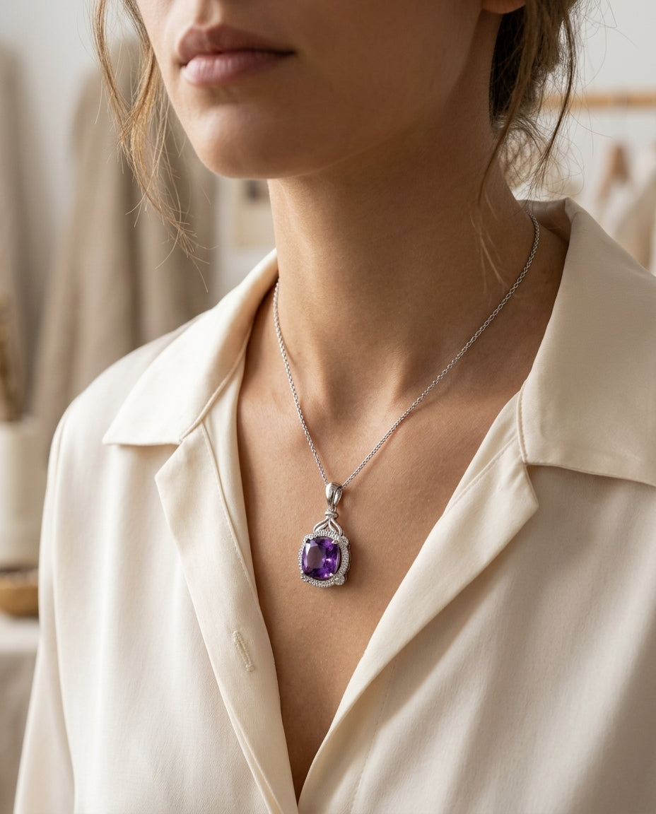 Amethyst And Diamond Cushion Leaf Pendant In 14k White Gold (18-in Curb Chain) — editorial close-up