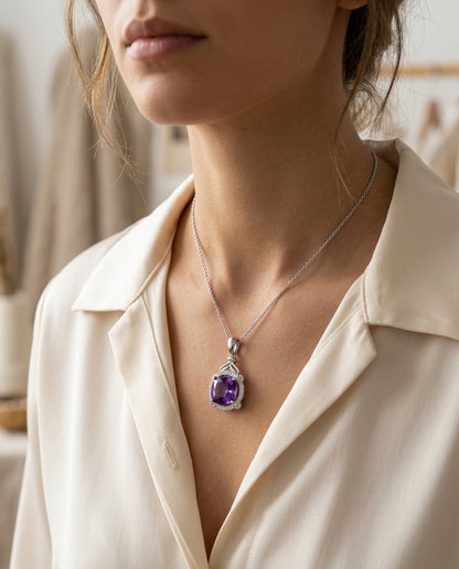 Amethyst And Diamond Cushion Leaf Pendant In 14k White Gold (18-in Curb Chain) — editorial close-up