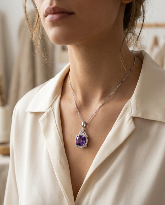 Amethyst And Diamond Cushion Leaf Pendant In 14k White Gold (18-in Curb Chain) — editorial close-up