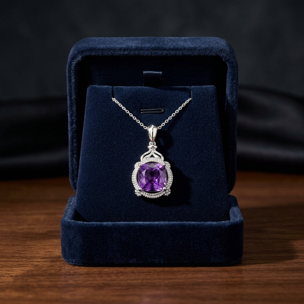Amethyst And Diamond Cushion Leaf Pendant In 14k White Gold (18-in Curb Chain) — gift presentation