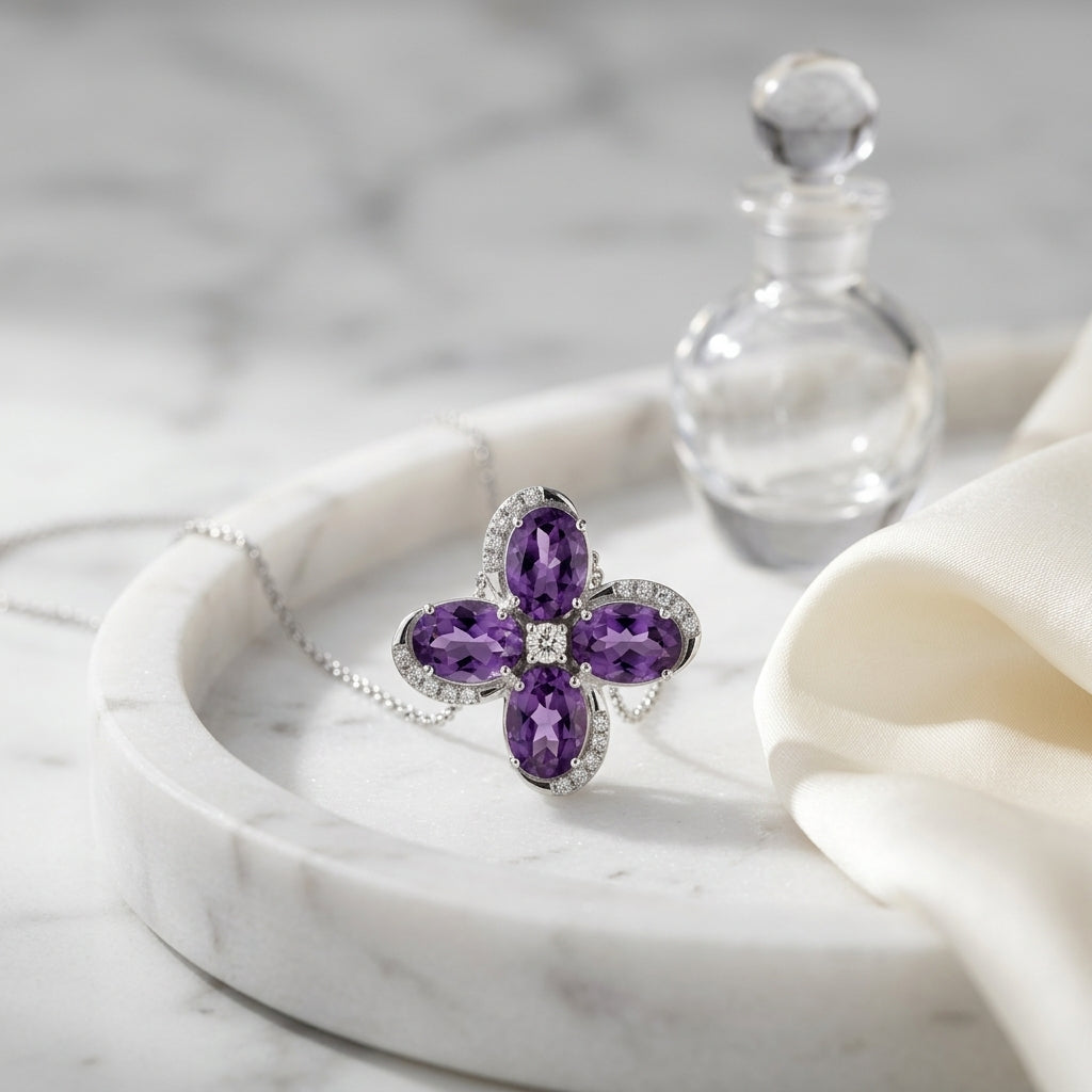 Amethyst And Diamond Floral Pendant In 14k White Gold — atelier still life