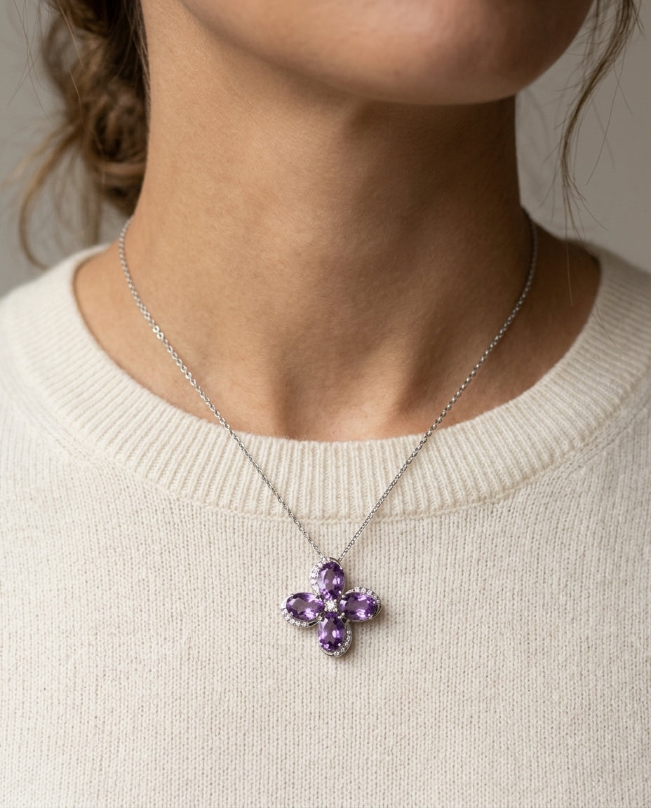Amethyst And Diamond Floral Pendant In 14k White Gold — editorial close-up