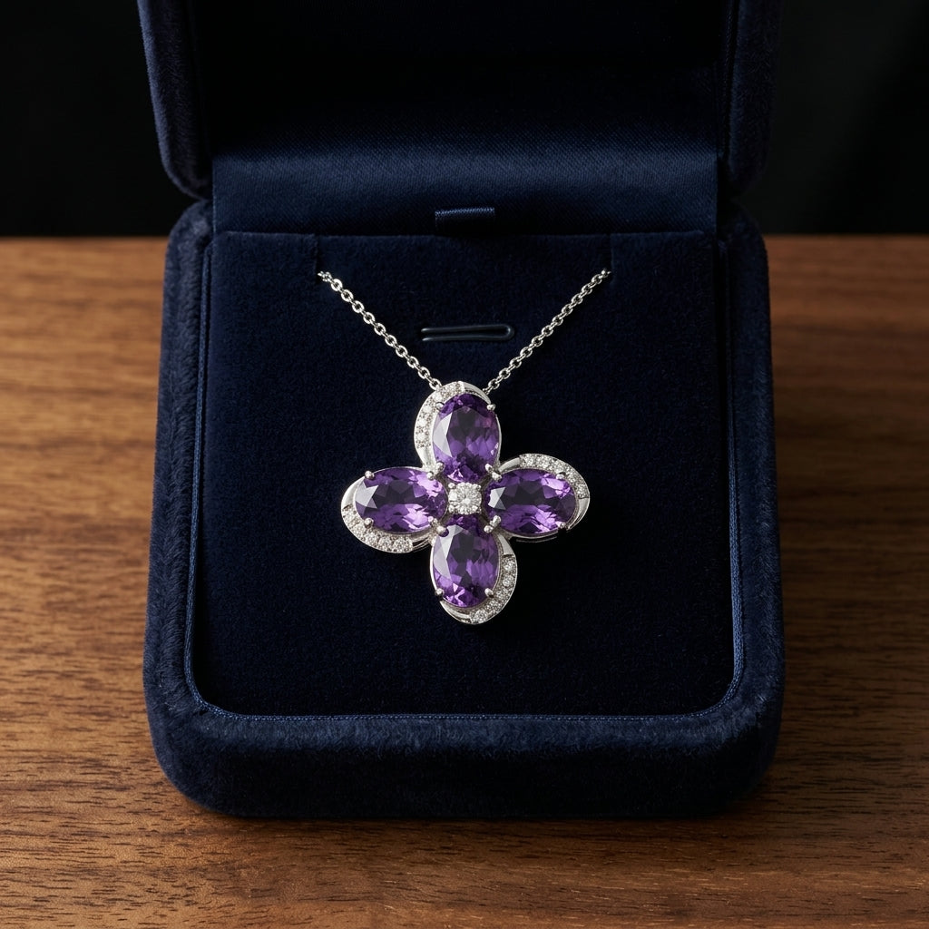 Amethyst And Diamond Floral Pendant In 14k White Gold — gift presentation