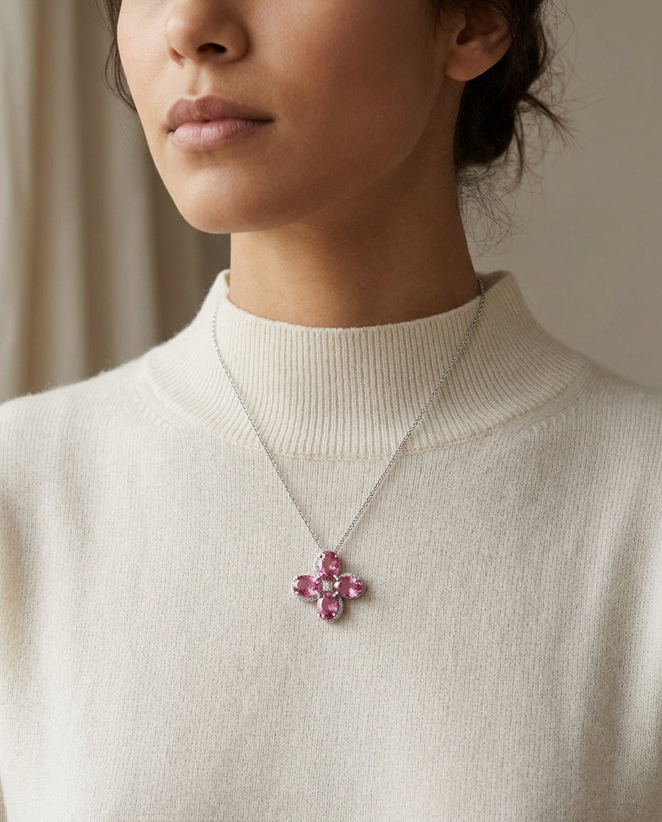 Pink Tourmaline And Diamond Pendant In 14k White Gold — editorial close-up