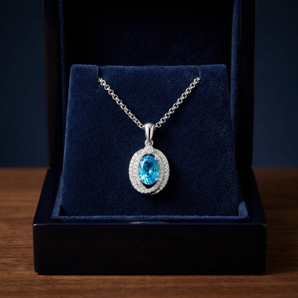 Oval Swiss Blue Topaz & Diamond Pendant In 14k White Gold — gift presentation