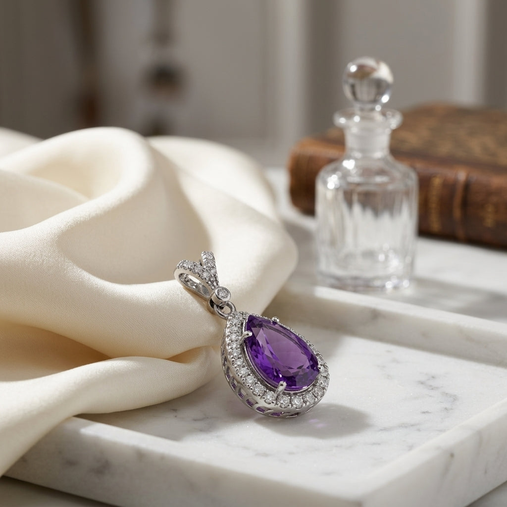 Amethyst And Diamond Pear-shape Halo Pendant With Split Bail In 14k White Gold — atelier still life