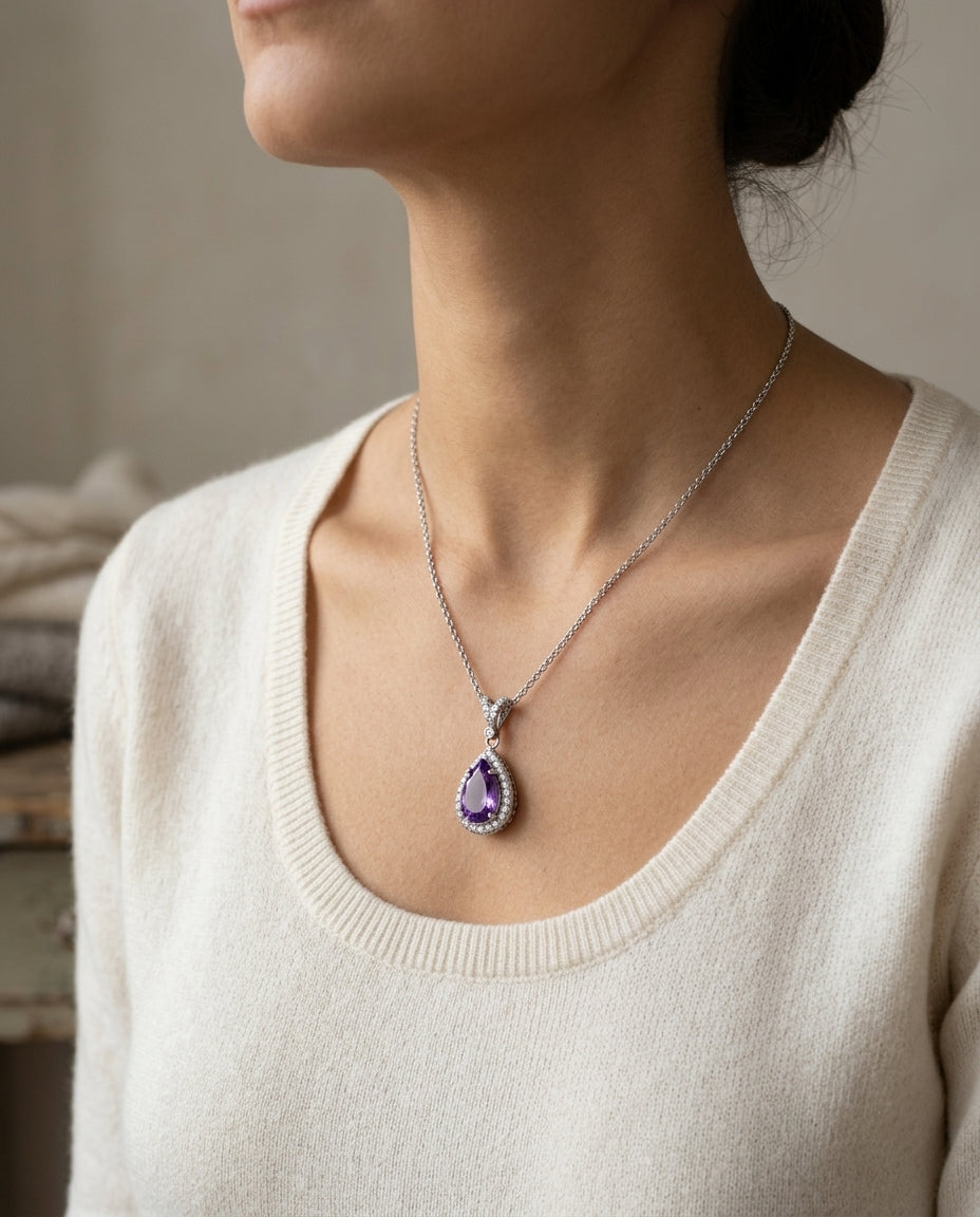 Amethyst And Diamond Pear-shape Halo Pendant With Split Bail In 14k White Gold — editorial close-up