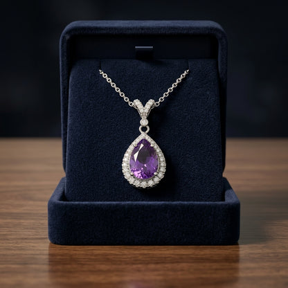 Amethyst And Diamond Pear-shape Halo Pendant With Split Bail In 14k White Gold — gift presentation