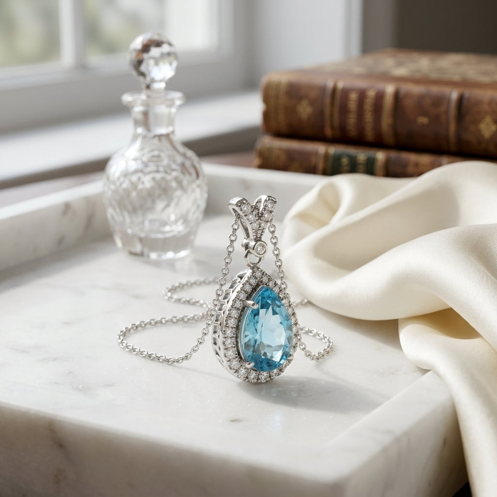 Blue Topaz And Diamond Pear-shape Halo Pendant With Split Bail In 14k White Gold — atelier still life