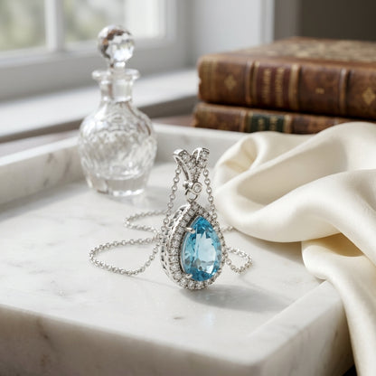 Blue Topaz And Diamond Pear-shape Halo Pendant With Split Bail In 14k White Gold — atelier still life