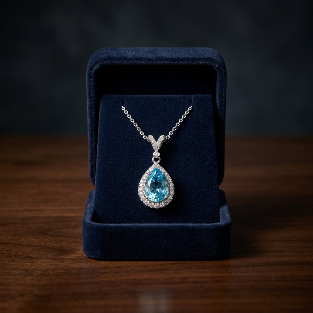 Blue Topaz And Diamond Pear-shape Halo Pendant With Split Bail In 14k White Gold — gift presentation