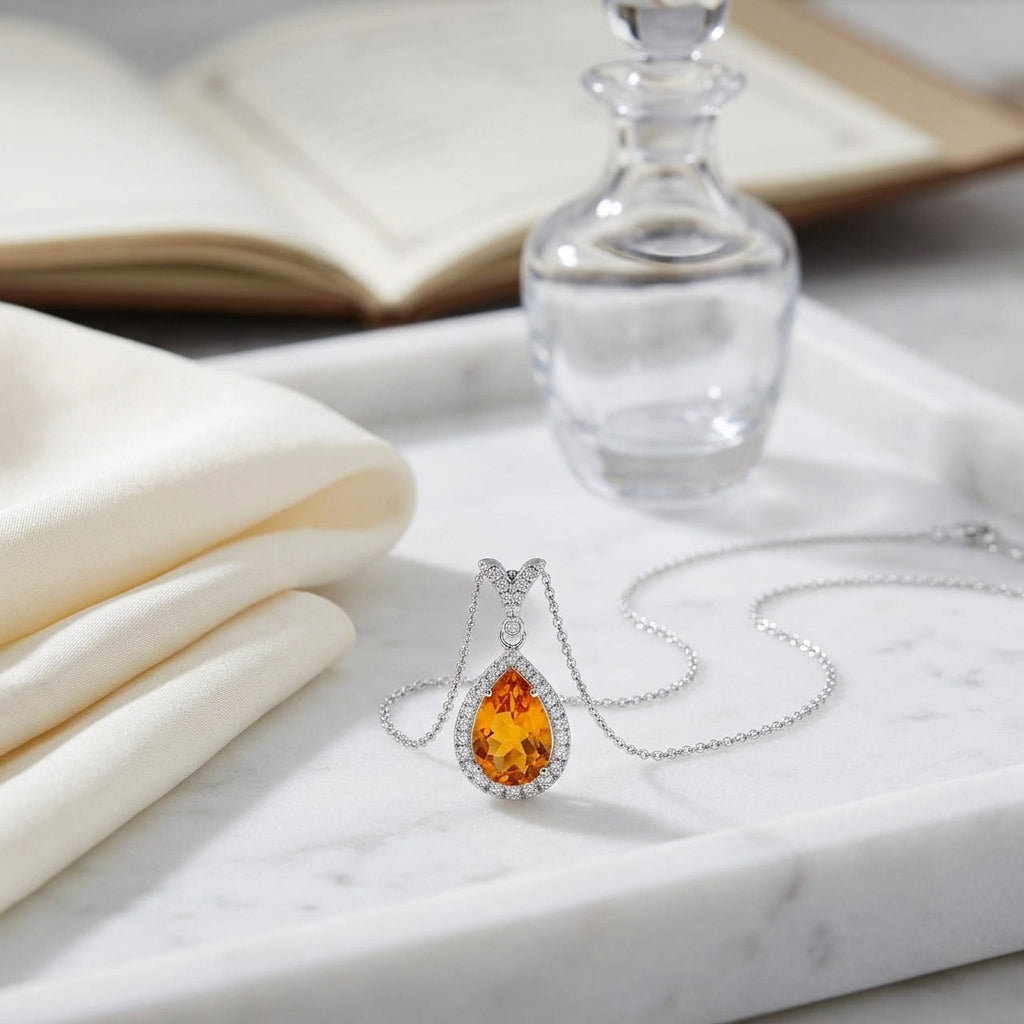 Pear Citrine And Diamond Pendant In 14k White Gold — atelier still life