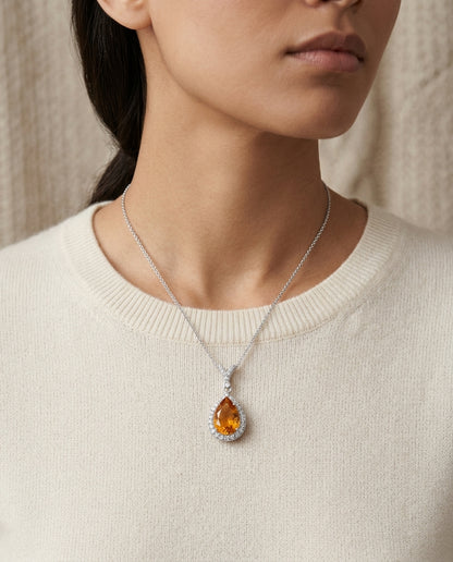 Pear Citrine And Diamond Pendant In 14k White Gold — editorial close-up