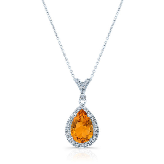 Pear Citrine And Diamond Pendant In 14k White Gold