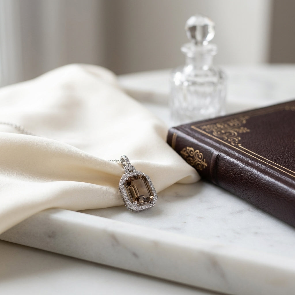 Citrine And Diamond Emerald Cut Halo Pendant With Cut Corners In 14k White Gold — atelier still life